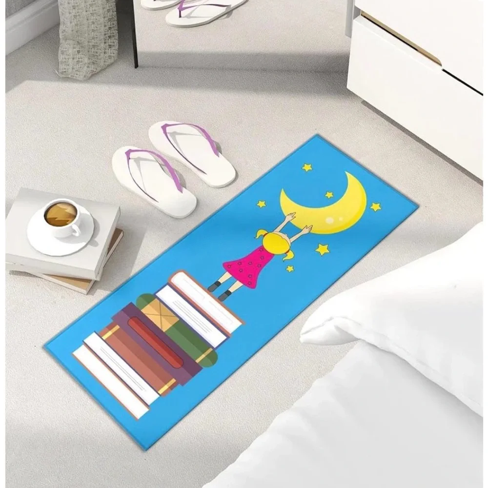 NEW Whimsical Moon & Books Rug Runner 15.7x39.3” Non-Slip Blue Velvet Carpet